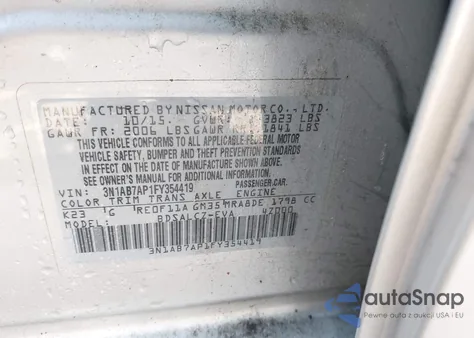 2015 Nissan Sentra S/Sv/Sr/Sl z USA, uszkodzony, nr VIN 3N1AB7AP1FY354419